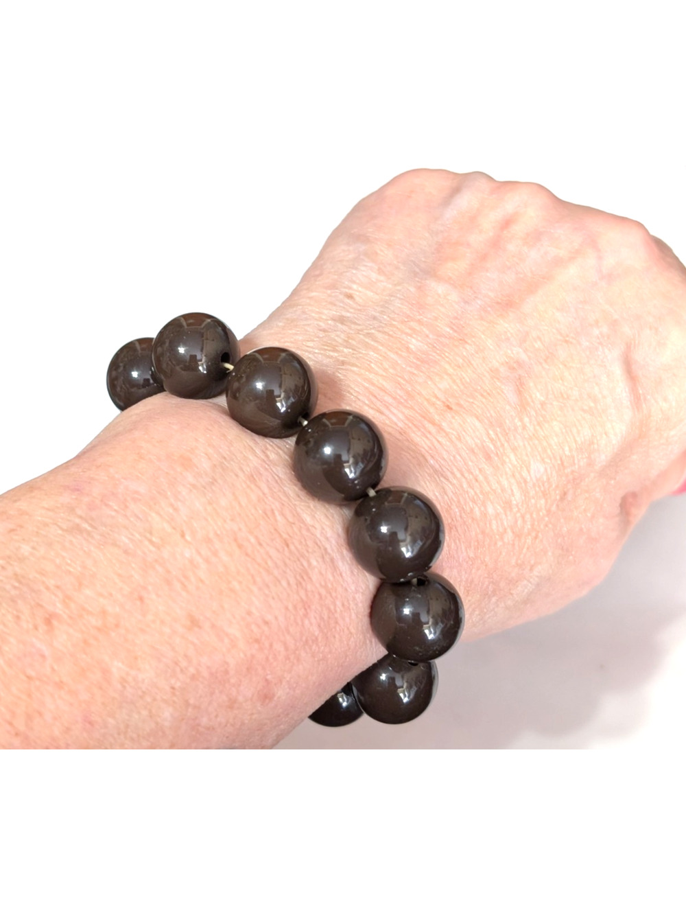 Vintage Beaded Stretch Bracelet Lucite Dark‎ Brown One Size 10mm Beads sbr71